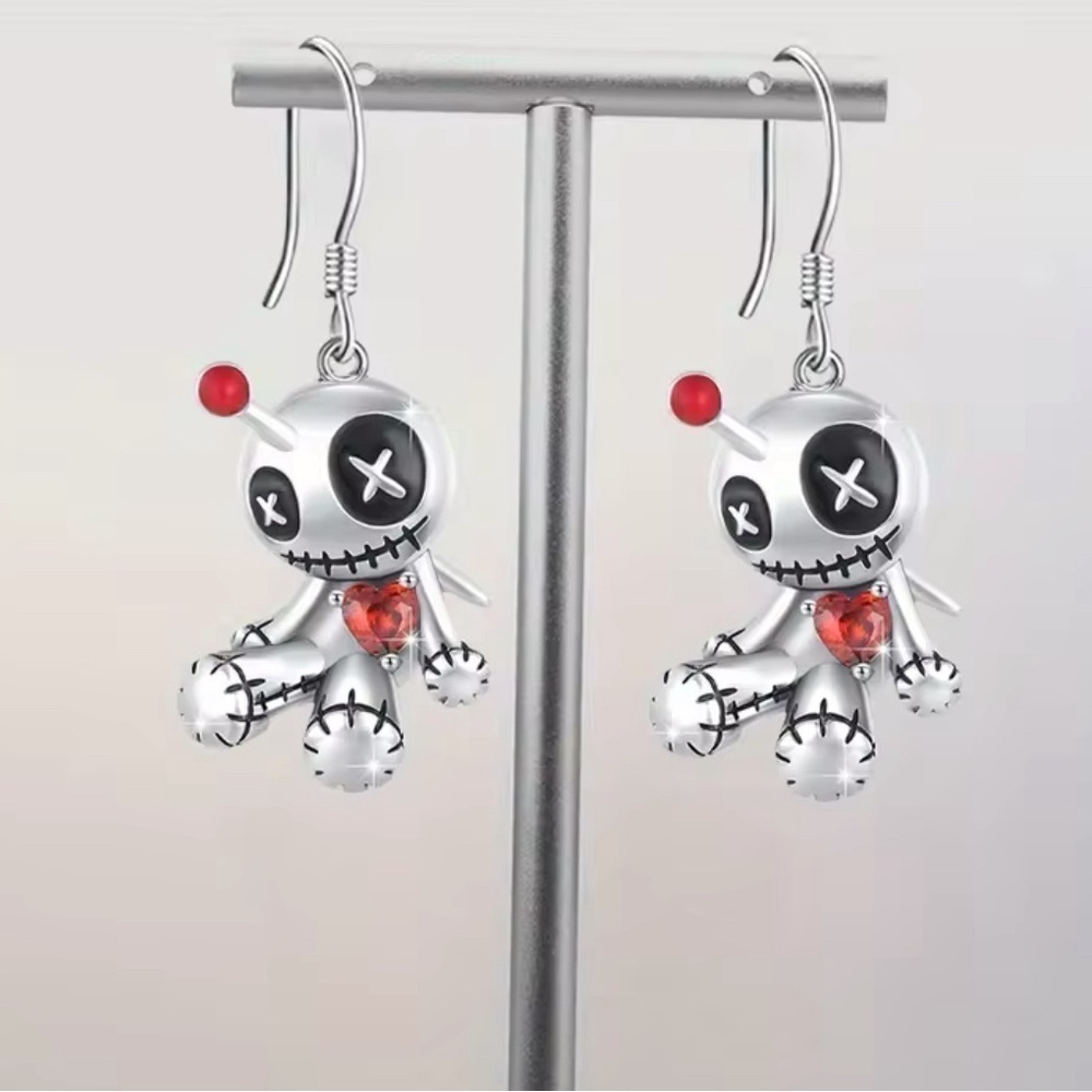 925 Sterling Silver Voodoo Doll Drop Dangle Earrings Natural Red Zircon Heart